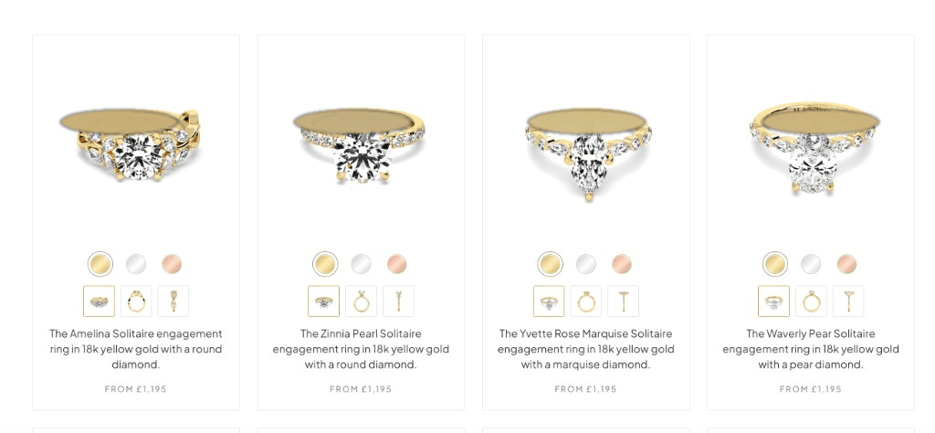Jewellery website ring catalogue with metal and view selectors